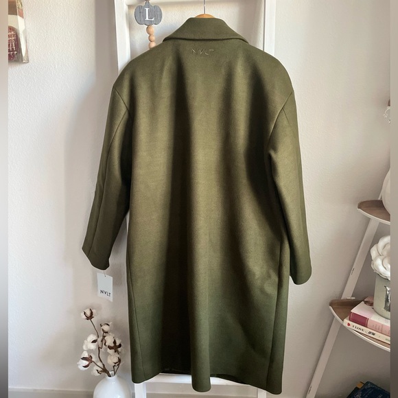 Olive Green Button Front Double Breasted Notch Lapel Coat Size Large - Picture 7 of 10